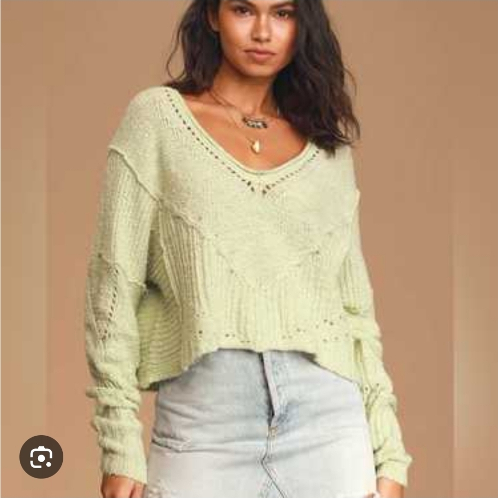 Free People Seashell Celery Mint V-Neck Sweater